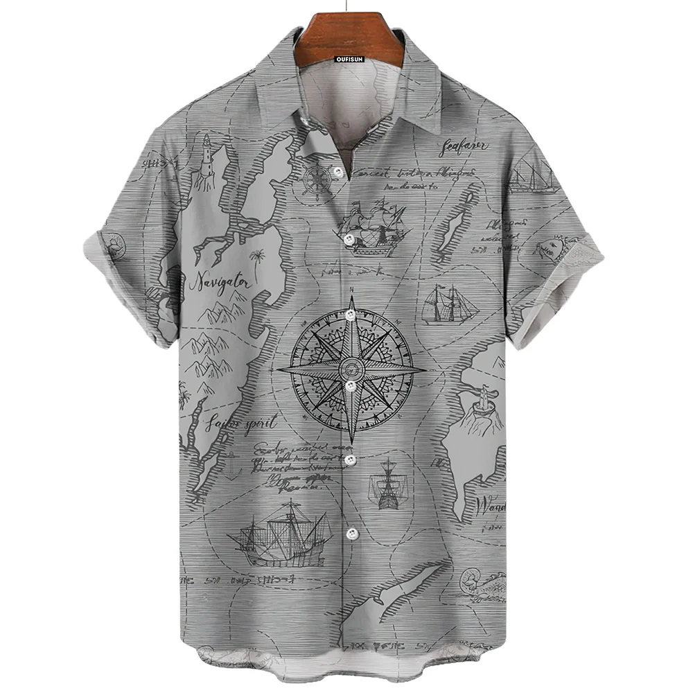 Vintage Men\'S Shirt 3d Sailing Boat Print Men Clothing Summer Casual Short Sleeve High Quality Top Tee Hawaiian Beach Sweatshirt