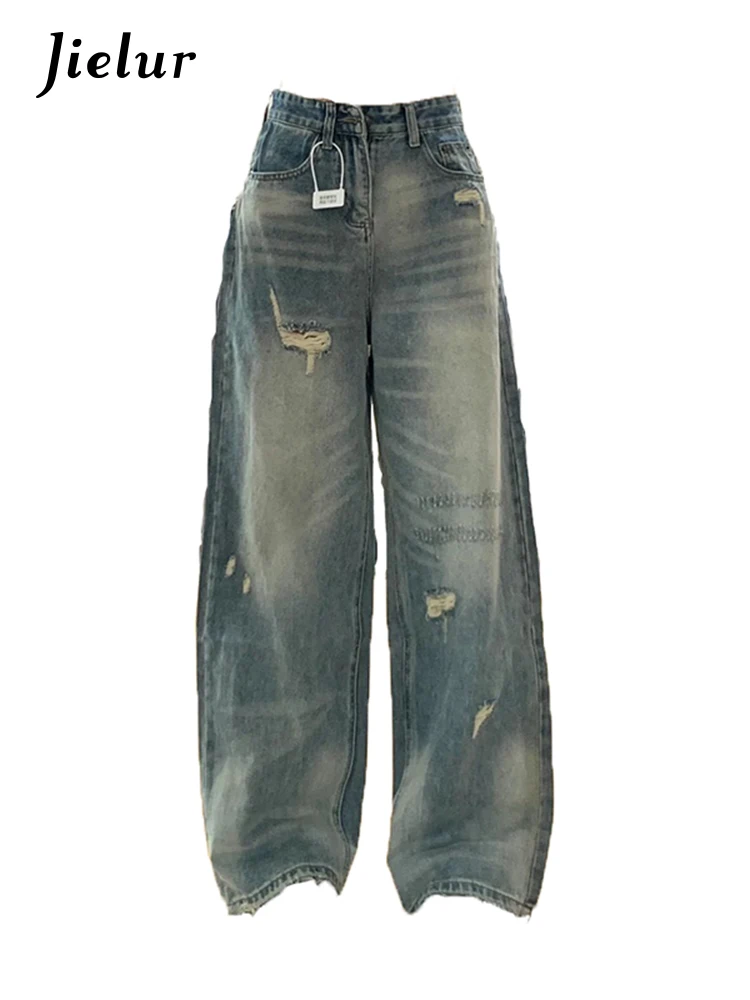 Nieuwe Basis Hoge Taille Chic Gewassen Holle Damesjeans Amerikaanse Mode Distressed Vintage Losse Damesbroek Met Wijde Pijpen