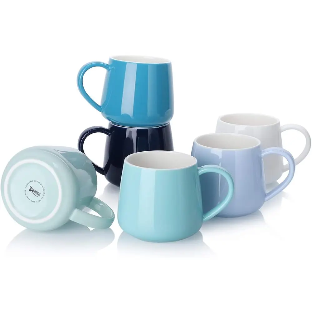 Set of 6, 12-Ounce Ceramic Coffee Mugs with Handle, Assorted Blue Colored Designs, Ideal for Coffee, Tea, Cafe, Microwave Safe,