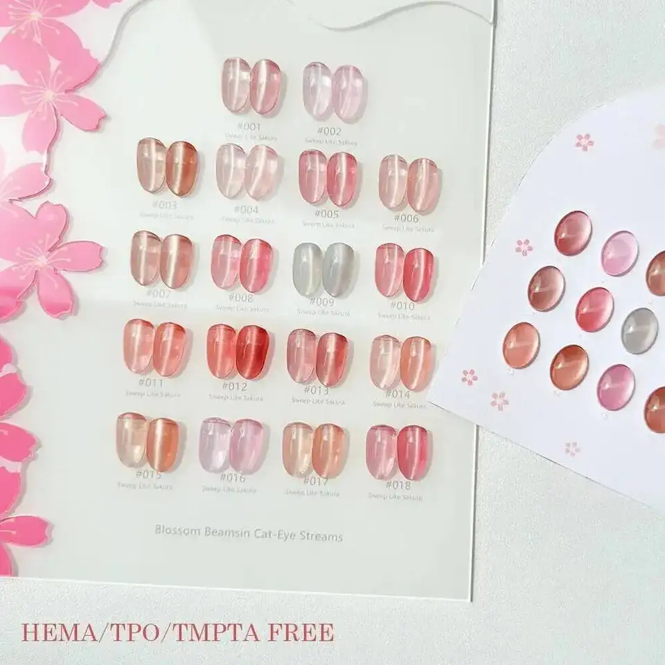 Set de esmalte de uñas gel efecto ojo de gato cristal rosa sakura, semipermanente brillante UV LED, esmalte removible con carta de colores 2