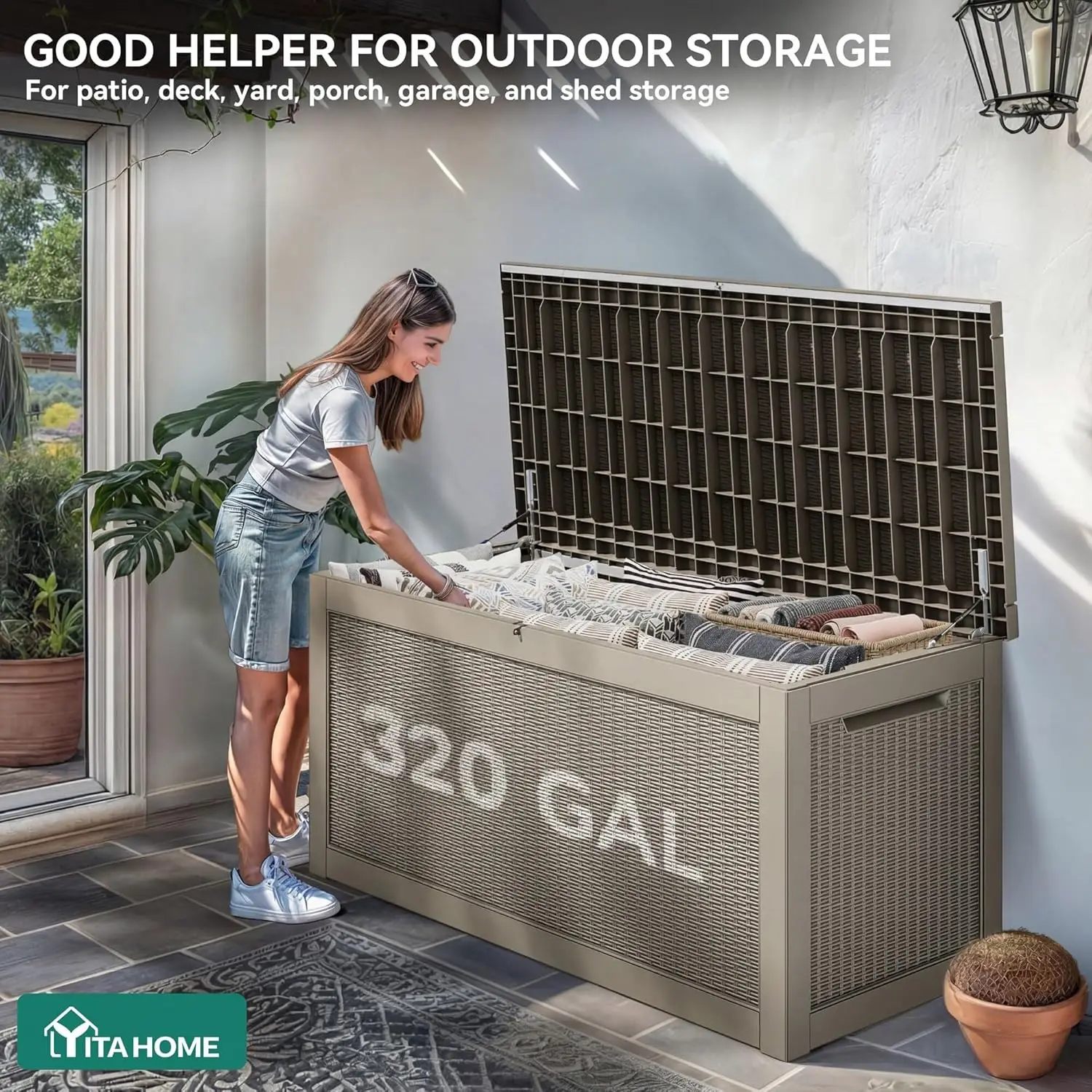 

320 Gallon Outdoor Storage Box, Large Water Resistant Resin Deck Box, Indoor Outdoor Lockable Storage Container for Patio, Garde