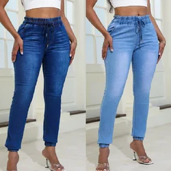 Jeans jeans com cintura com cordão feminino, calça longa stretch, calça lápis feminina