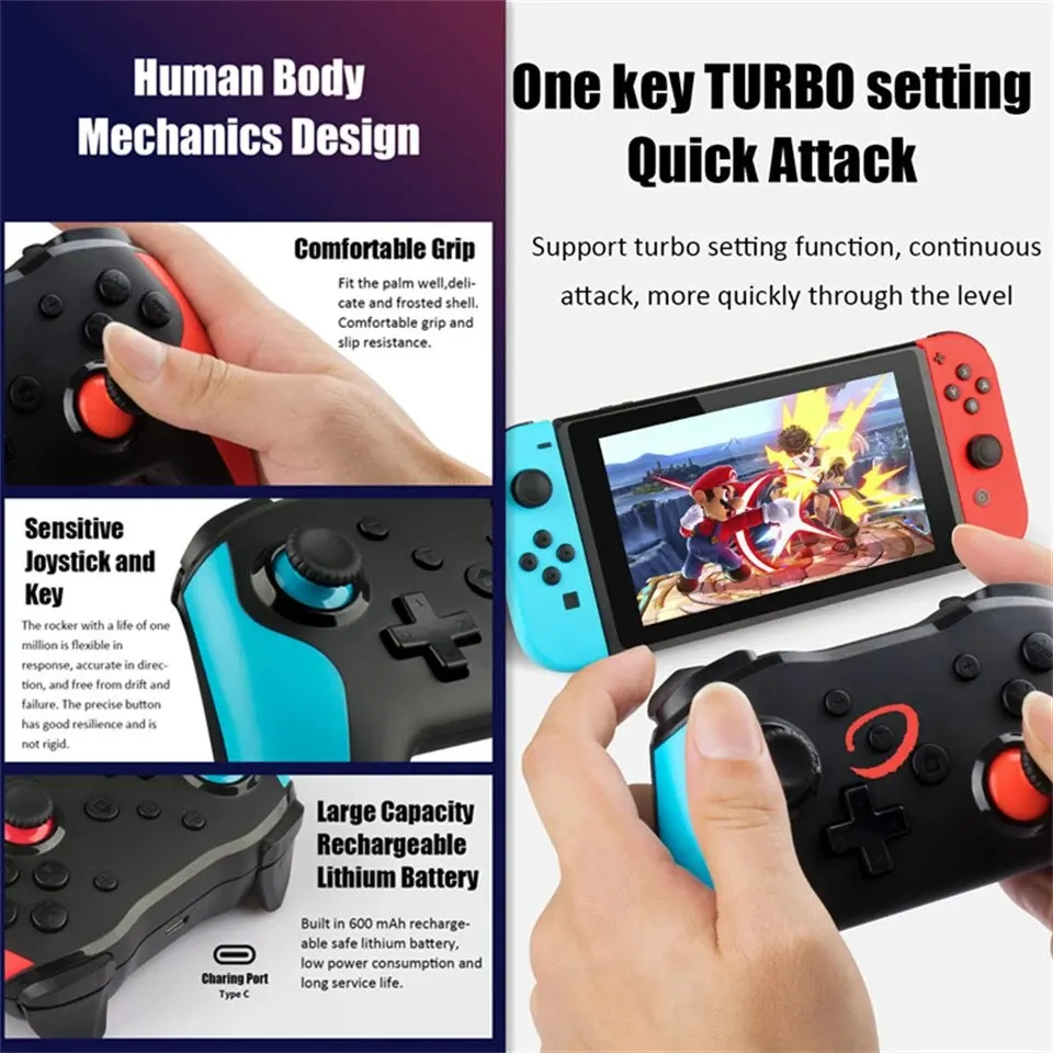 GAMINJA NS009 kontroler gier Bluetooth bezprzewodowy pad do konsoli Nintendo Switch PS3 PC Windows 7 10. podwójny joystick wibracyjny