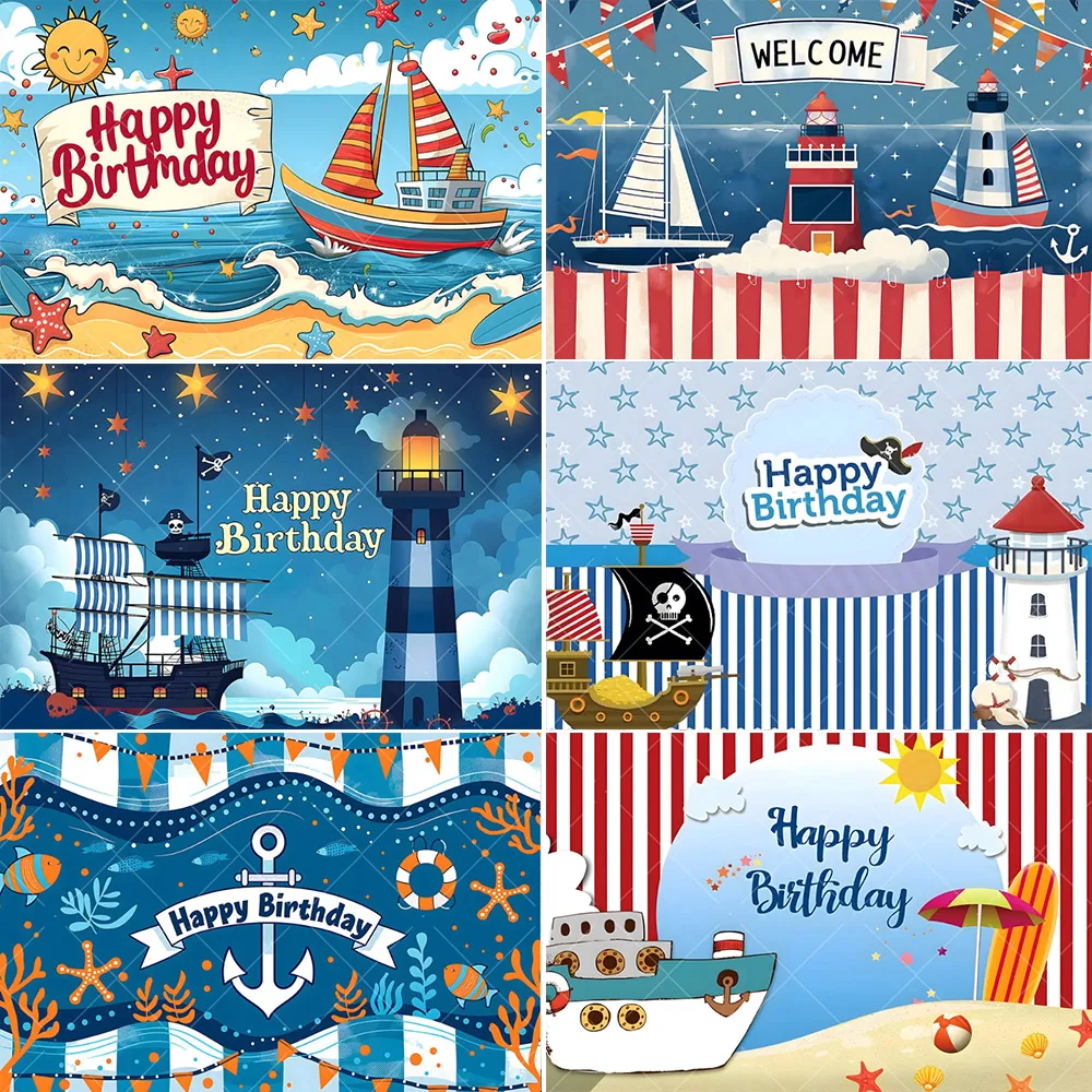 Birthday  Background boy girl Photography Backdrops Sea Pennant Seaman Sailor Lighthouse Ship Blue Stripe Photo Background