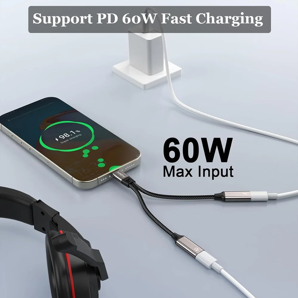 Adapter USB C Splitter Type C do słuchawek i ładowarki z szybkim ładowaniem PD 60W i transferem danych dla iPhone 16/15, iPad, Samsung — zdjęcie produktu 4