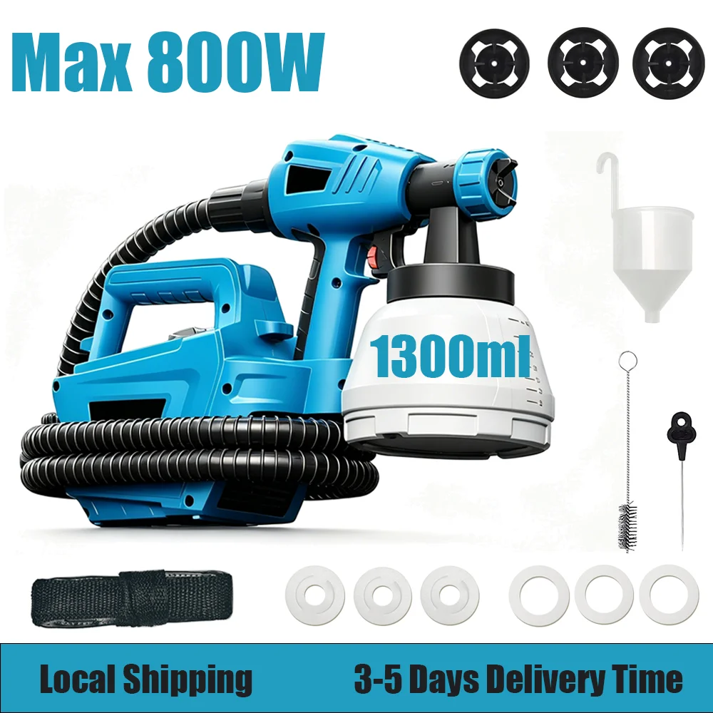 800W HVLP Farbspritzgerät mit 2,5 m Luftschlauch, 1300 ml abnehmbarer Behälter, 1200 ml/min hohe Durchflussrate, 3 Düsen & 3 Sprühmuster für Möbel, Schränke, Zäune, Blau