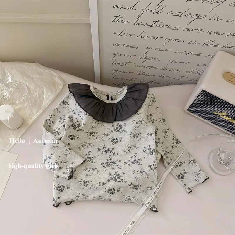 01-Girls' autumn clothing suits2025New Stylish Baby Girl Lace Collar Floral Base Shirt Fashion Frayed Casual Pants
