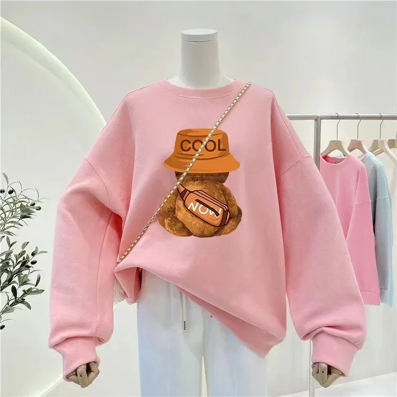 

Autumn Winter American Plus Size Top Cotton Y2K Sweater Women's Vintage Cartoon Bear Print Hoodie Extra Large Women's Crew Neck
