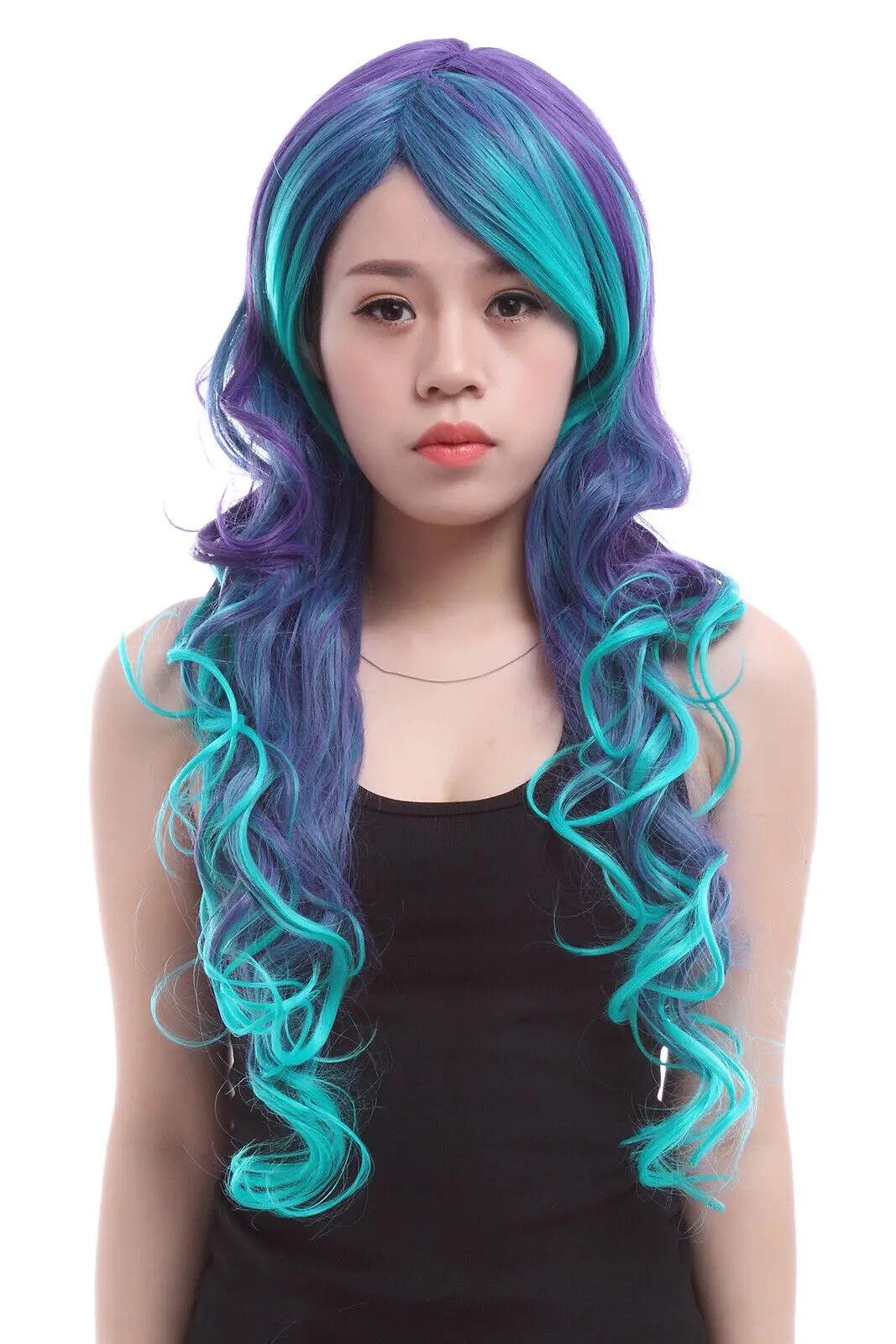 Blue Purple Rainbow Curly Cosplay Wigs Women 65cm Long Anime Synthetic Hair