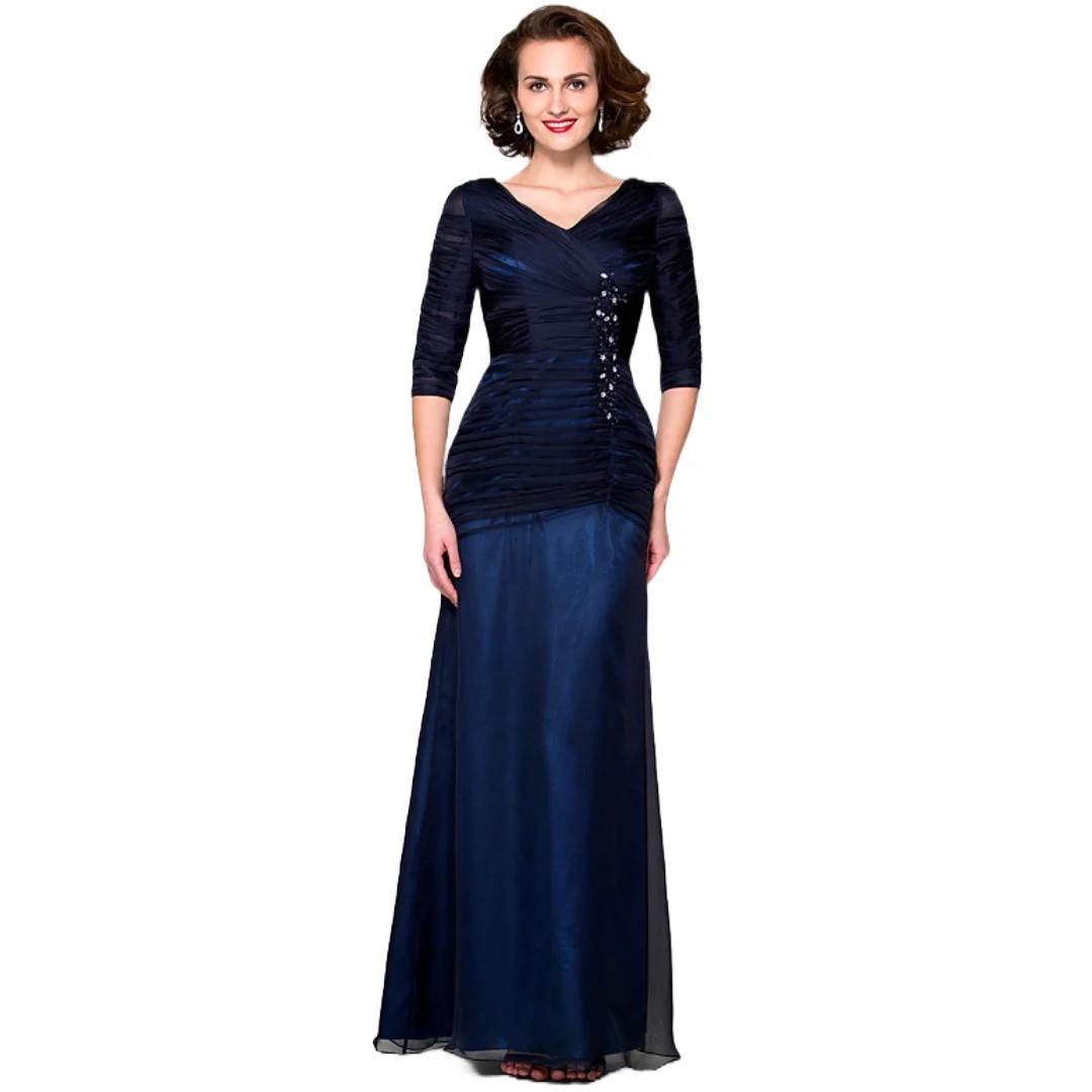 

Navy Blue Mother of the Bride or Groom Dress 3/4 Sleeve Floor-Length Ruched Bodice V-Neck Mermaid Long Weddings Party Event Gown