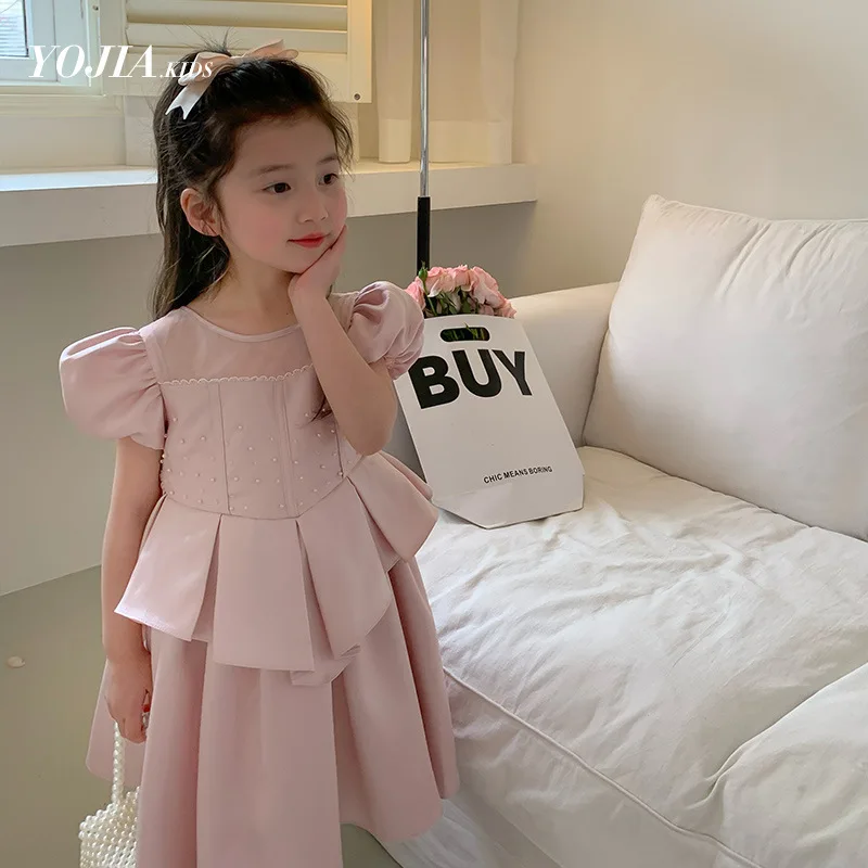 

Baby Girl Dress Girls Dress 2024 Summer New Fashion Pink Little Girl Skirt Puffy Sleeve Children Birthday Princess Dresses