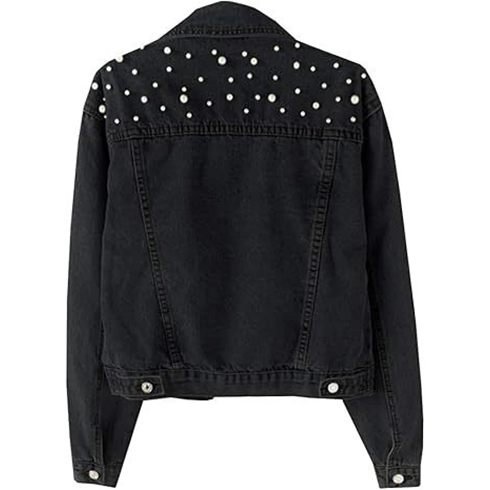 Womens Fashion Boho Denim Jacket Oversized Cropped Coat with Pearl Embellished Lapel And Flap Pockets for Casual Daily Wear