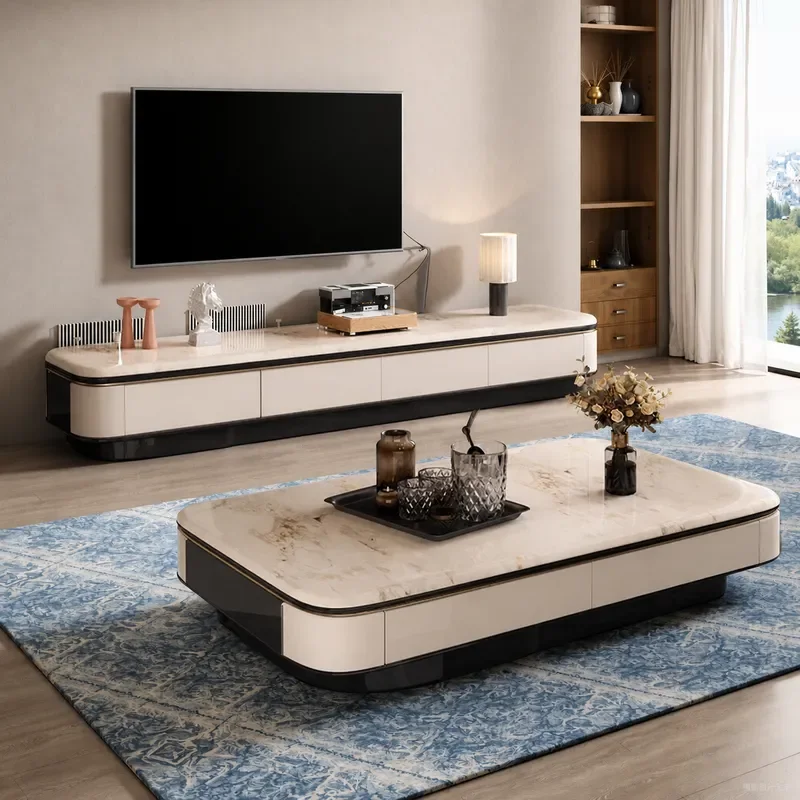 Modern Tempered Glass Coffee Table and TV Cabinet Simple Luxury Living Room Furniture New Supercrystalline Stone Combo Set