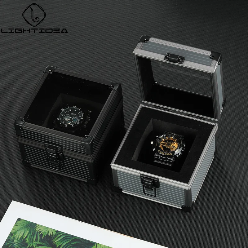 Metal Watch Box Single Square Aluminum Alloy Case Storage Box Portable Watch Box With Pillow Anti-collision Transparent Glass