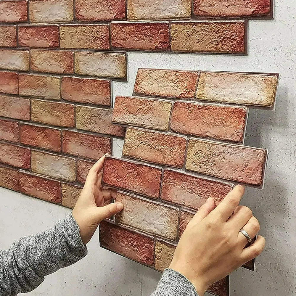 Paneles de pared 3D autoadhesivos impermeables, papel tapiz de ladrillo para azulejo de metro, pegatina Retro para chimenea de baño, 1 Uds.