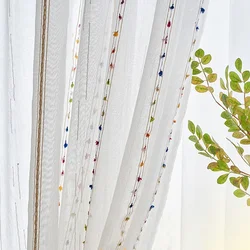1PC Colorful Fur Balls Stripe Embroidery Sheer Curtain for Living Room Kitchen Hallway Window Voile Drape Gauze Blinds #E