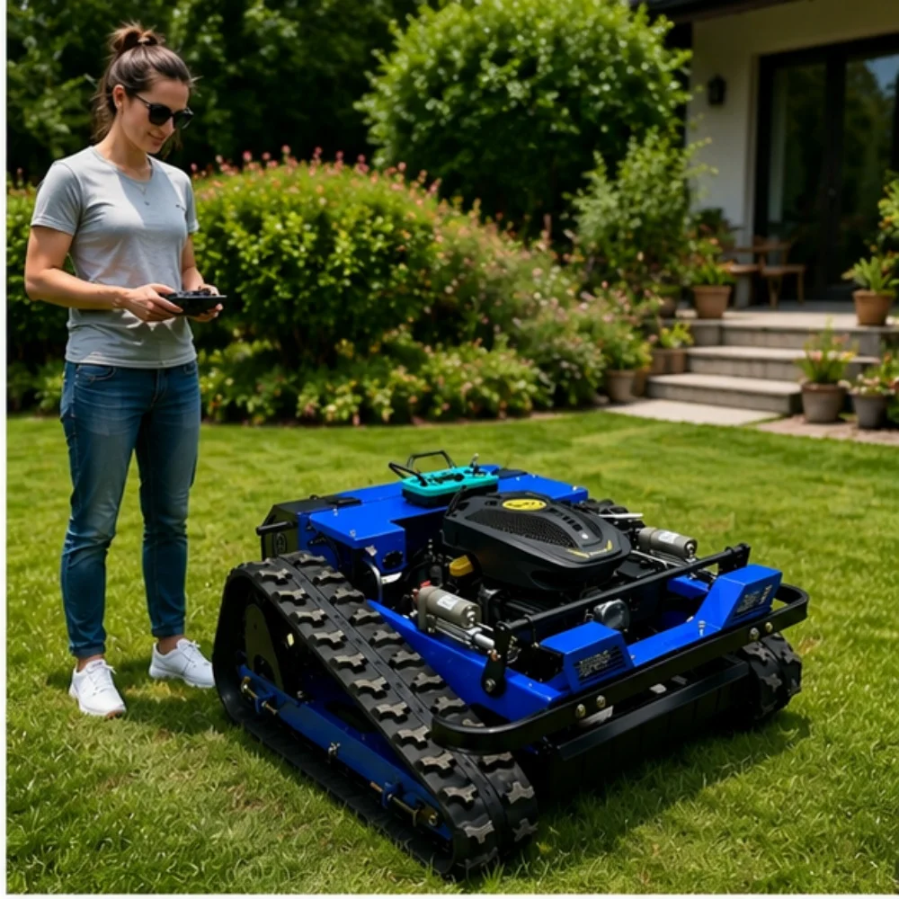 Image of Anpassbarer kleiner Raupenrasenmäher, kabelloser Rasenmäher, elektrischer Rasenmäher, Unkrautroboter, Viertaktmotor, Landschaftspflegegerät