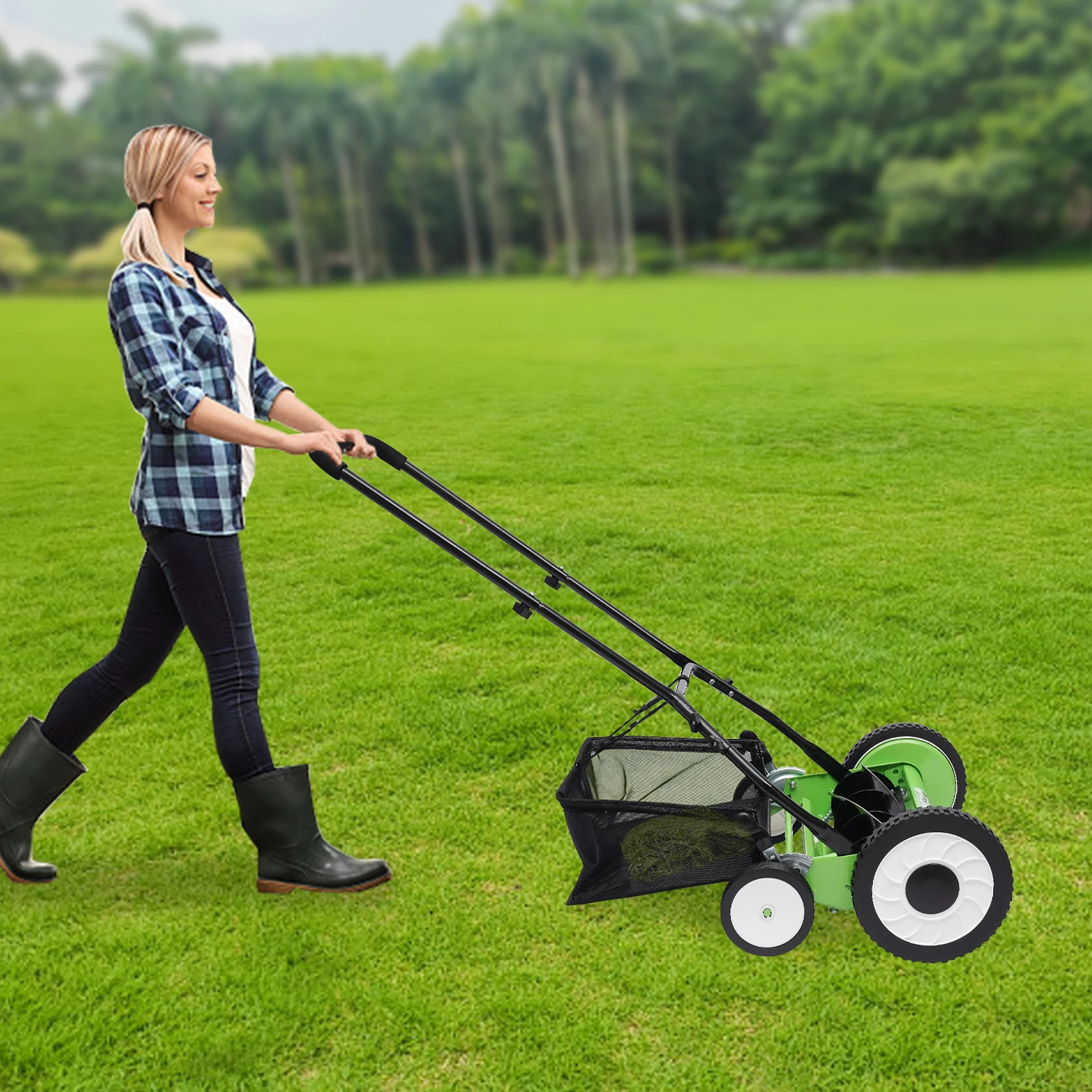 16-Inch 5-Blade Cordless Manual Reel Lawn Mower Adjustable Cutting/ Handle Height Grass Cutter with Grass Catcher