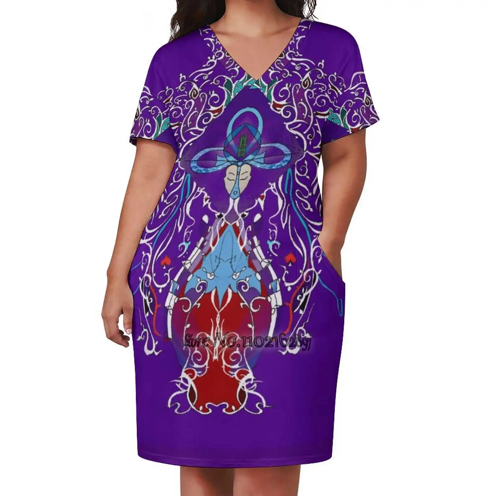 Pineal Fashion Street Dress Loose V-Neck Short Sleeve Skirt Casual Party Skirt 5Xl Pineal Meditation Abstract Violet Purple Ink