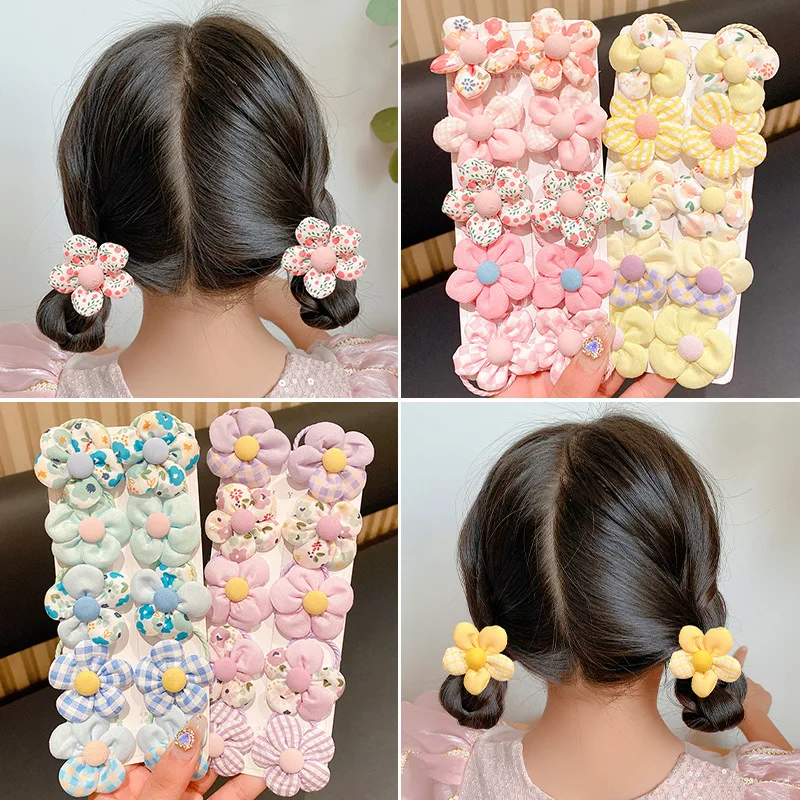 10Pcs/Set New Baby Girl Cute Colorful Flower Hair Bands Ponytail Holder Chilren Soft Scrunchies Rubber Kids Hair Accessories