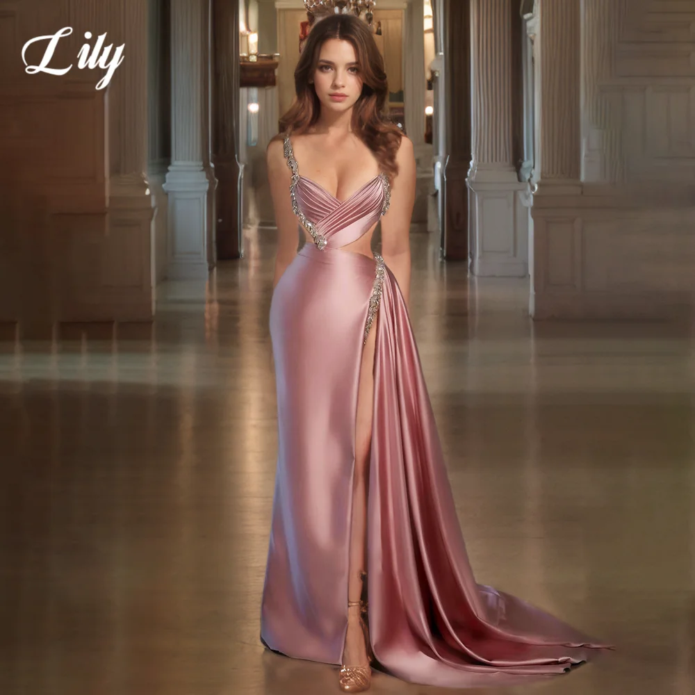 

Lily Pink Elegant Prom Gown Sweetheart Spaghetti Straps Party Dress Satin High Split Formal Gown with Beadwork 프롬 드레스 Customized