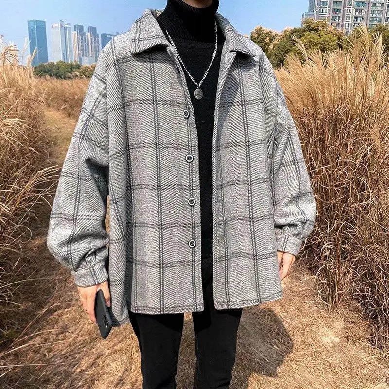 

New Arrival Men's Autumn Winter Wool Plaid Overcoat with Wool Lapel Korean Style Loose Fit Versatile Youth Outerwear