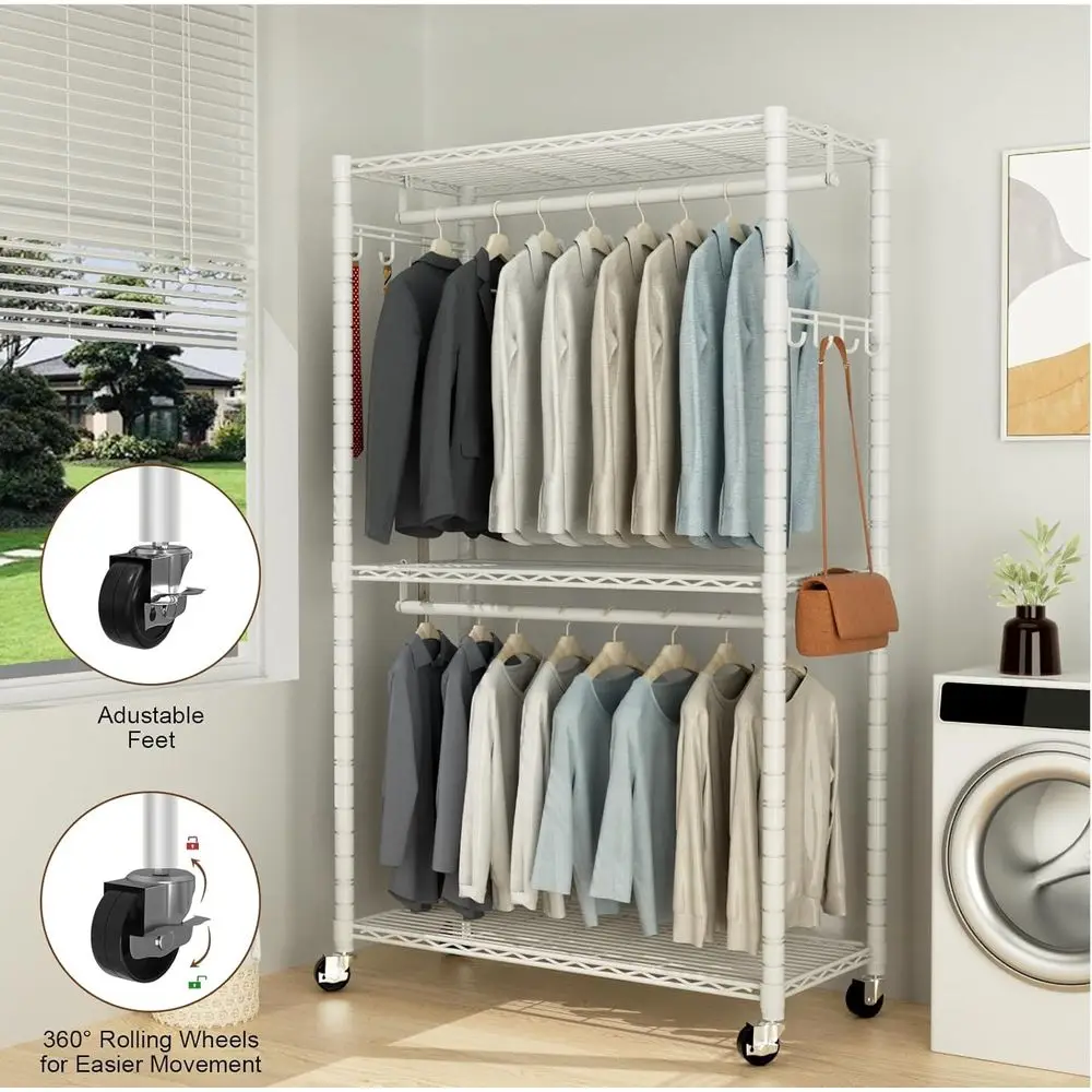 Adjustable 3-Tier Heavy-Duty Rolling Clothes Rack with Double Rods, Side Hooks, Holds 445lbs, White