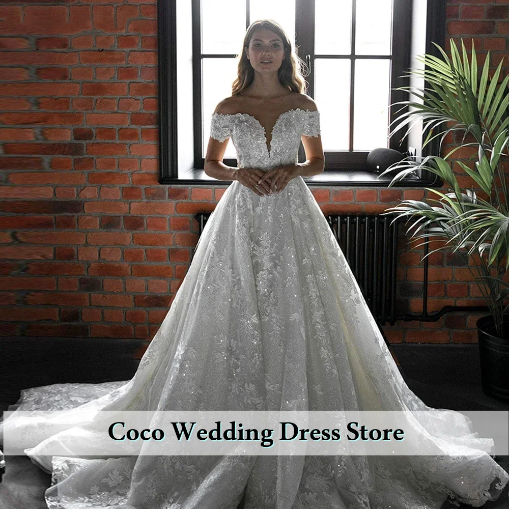 

Customized Exquisite O-Neck Shiny Lace Appliques Off The Shoulder Wedding Dress A-Line Tulle Zipper Bridal Gown