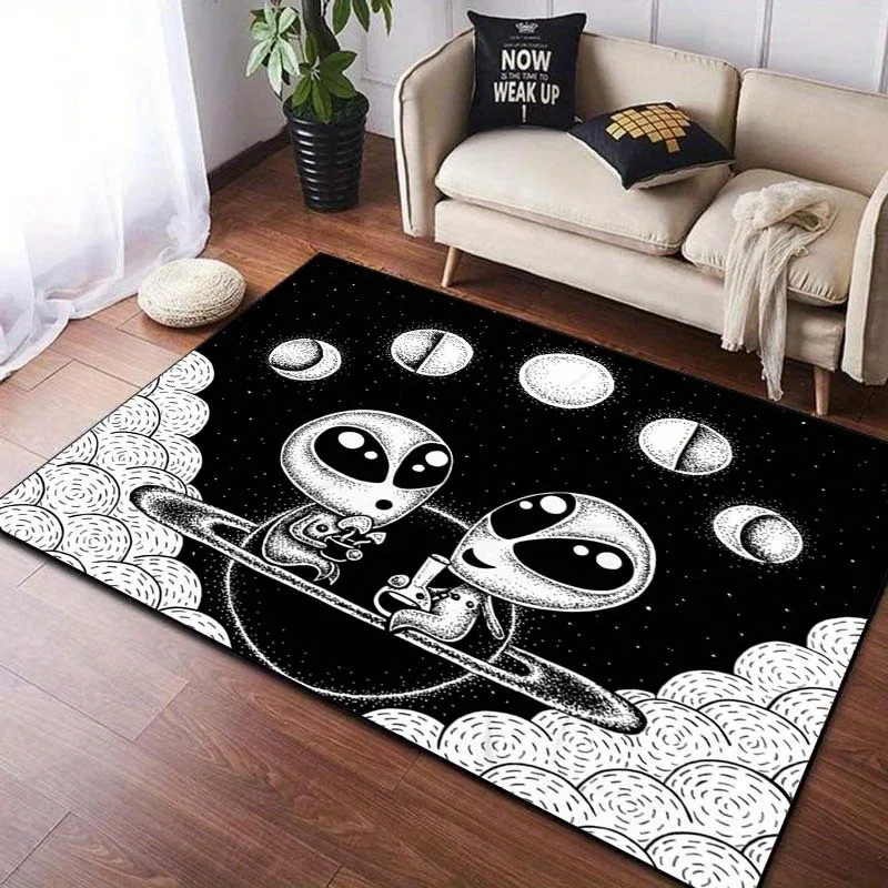 Alien Space Rug: Sci-Fi Art for Futuristic Rooms | Black and White Cosmic Carpet Design Anti slip carpet can be machine washed