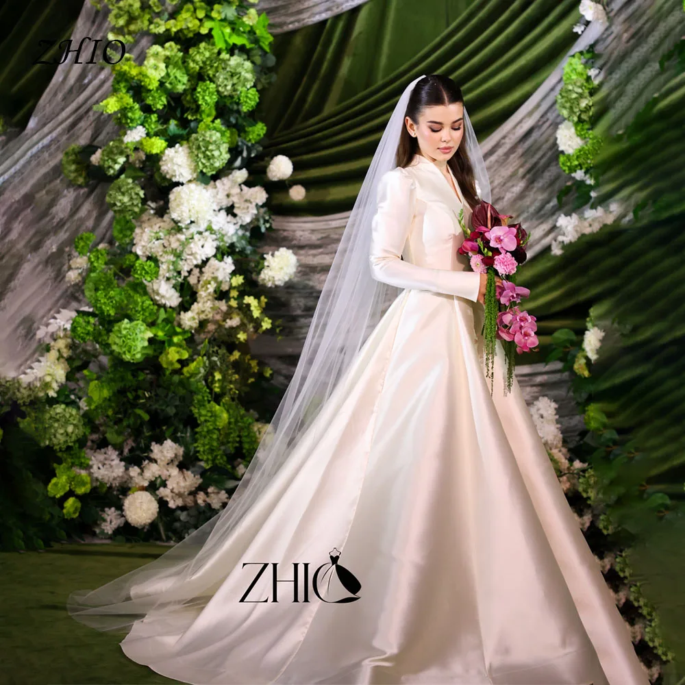 ZHIO Luxurious Ivory Satin Muslim Wedding Dress Long Sleeves High Neck A-Line Bride Gown V-Neck Sweep Train Customized