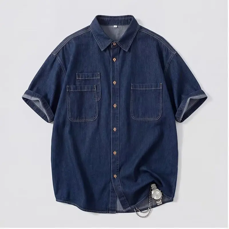 Deep Blue Denim Collared Shirt Jacket Men's Casual Vintage Workwear Loose Fit Breathable Comfortable Non-Shrinking Summer