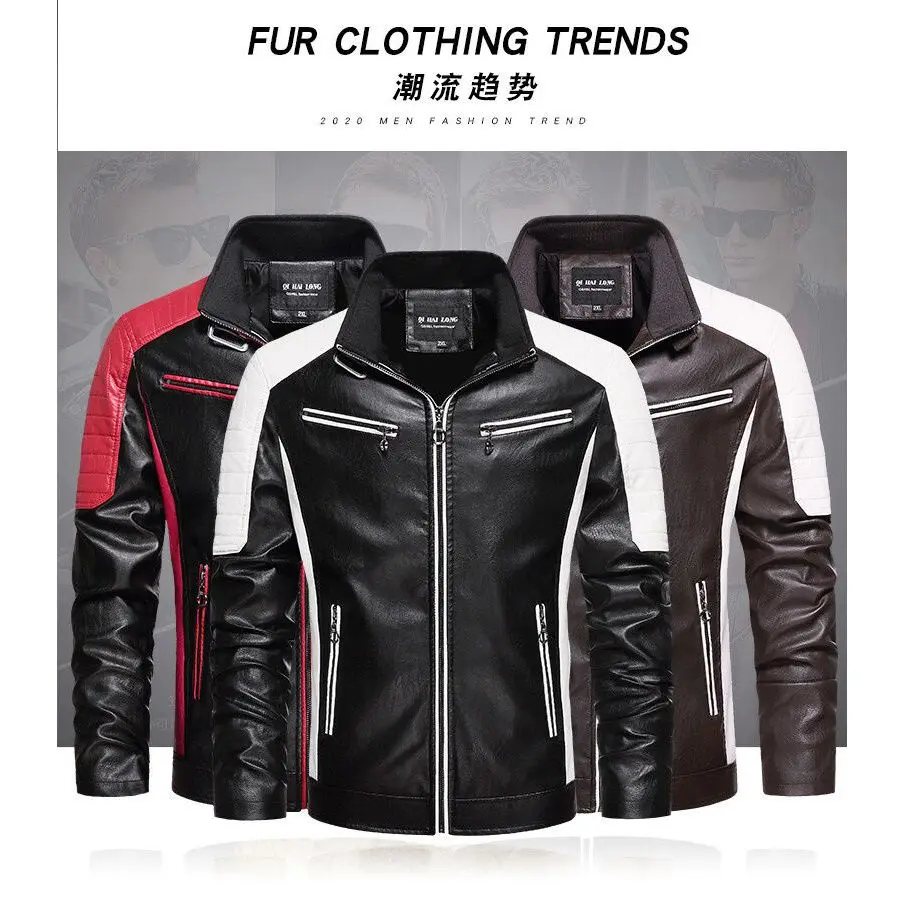 Picture 5: Men Leather Jacket Motorcycle Biker Jacket Stand Collar Retro Warm Stitching Casual Riding