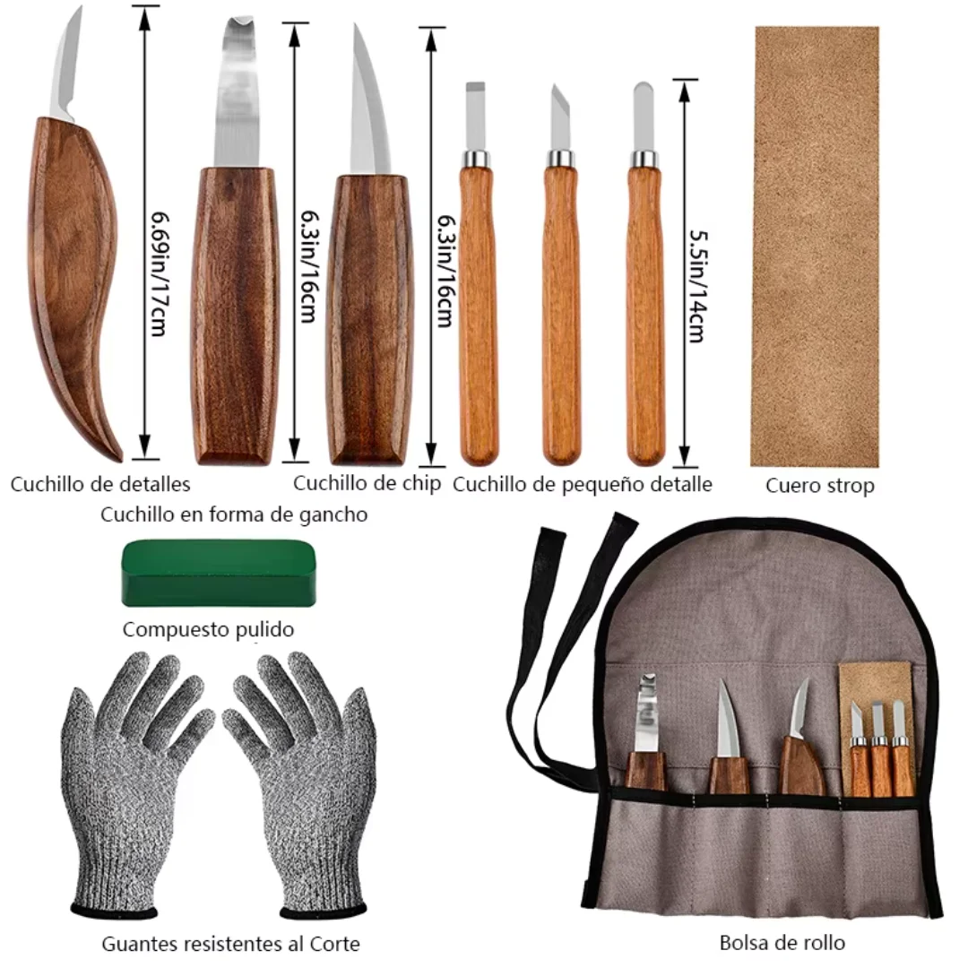 10Pcs Wood Carving Tools Set with Detail Wood Carving Knife Wood Chisel Knife Gloves Carving Knife Sharpener for Spoon Bowl Cup