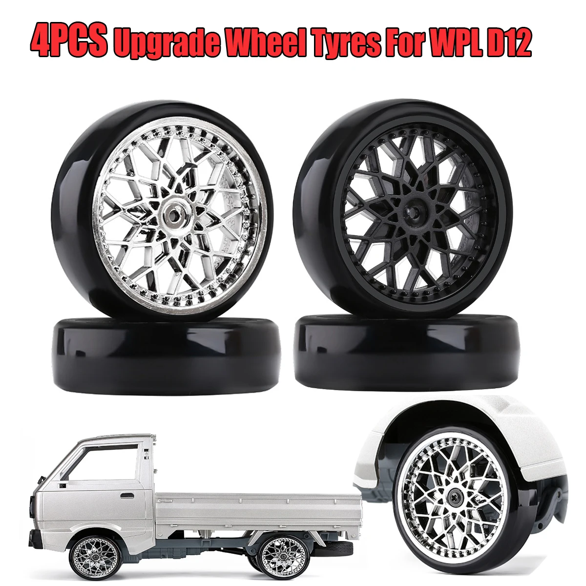 1:10 WPL D12 Truck Tires 4pcs Upgrade Wheel Rubber Tires RC Car Spare Parts Accessories for Remote Racing Car on Road