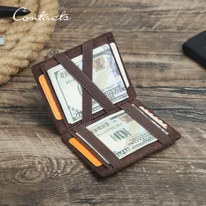 Bilashmart CONTACT'S Magic Wallets Genuine Leather Men Slim Wallets RFID Card Holders Money Clip Ultra Thin Small Mini Wallets Men Gift