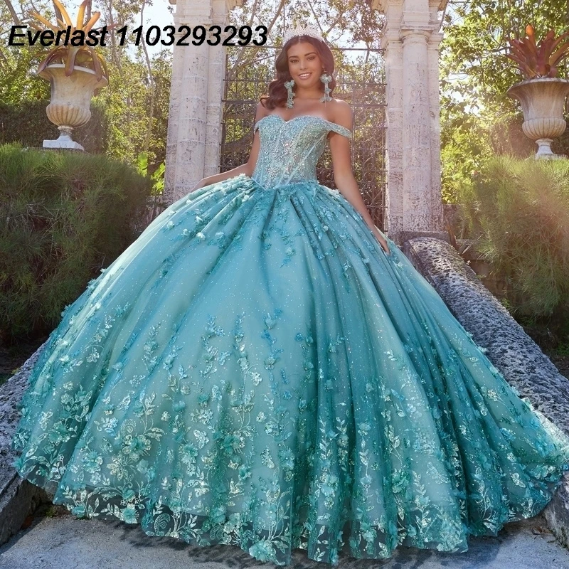 EVLAST-Vestido Quinceanera Azul Brilhante, Laço Floral, Applique Frisado, Lantejoula Ruffles Voltar, Doce 16, TQD277