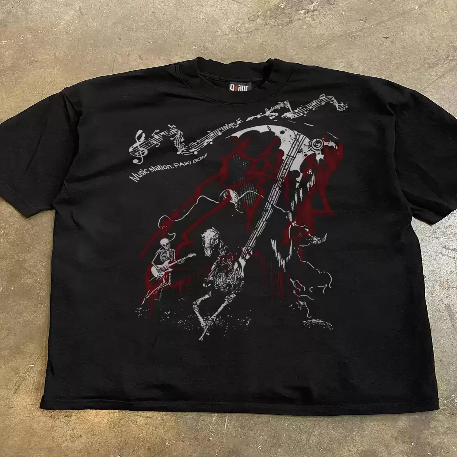 90s Grunge Heavy Metal Streetwear T Shirt for Men, Vintage Line Art Skeleton Band, Scythe & Cascading Musical Notation With Blood Drip Detail, Oversized Crew Neck Soft Washed Cotton Casual Tops.