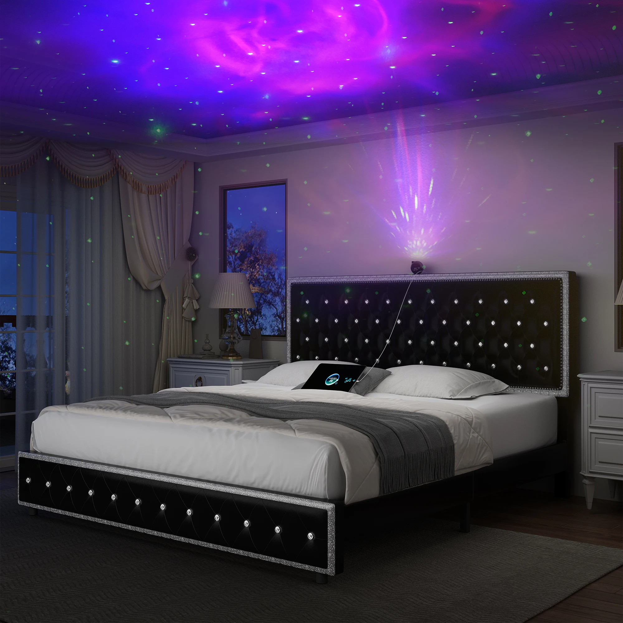 GEGOFORU Full LED Bed Frame with Galaxy Projector, Rivet Trim Headboard, Wood Slats, No Box Spring Needed, Velvet Gray