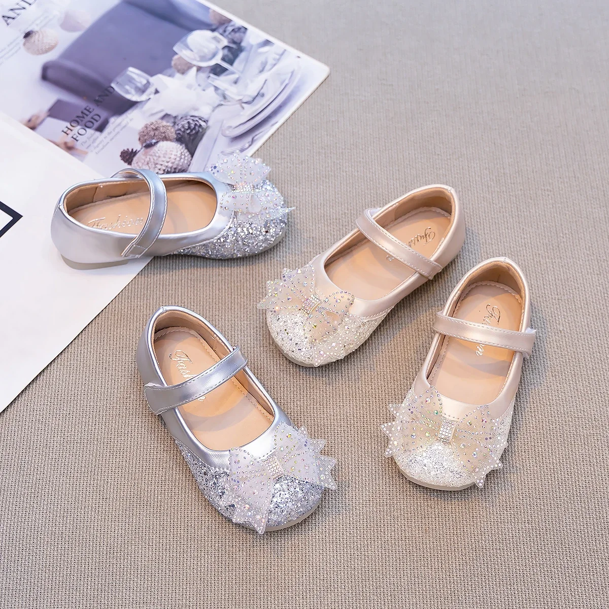 Toddler Girls Sparkly Princess Flat Shoes, Spring Autumn Rhinestone Bow Glitter Dress Shoes Party Shoes for Wedding Birthday