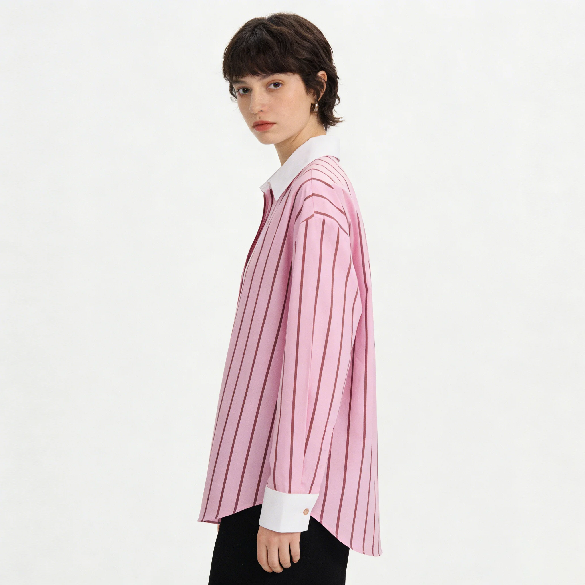 

Women's Pink Striped Button Down Shirt Contrast Collar & Cuffs Long Sleeve Blouse Office Work Casual Loose Fit Top