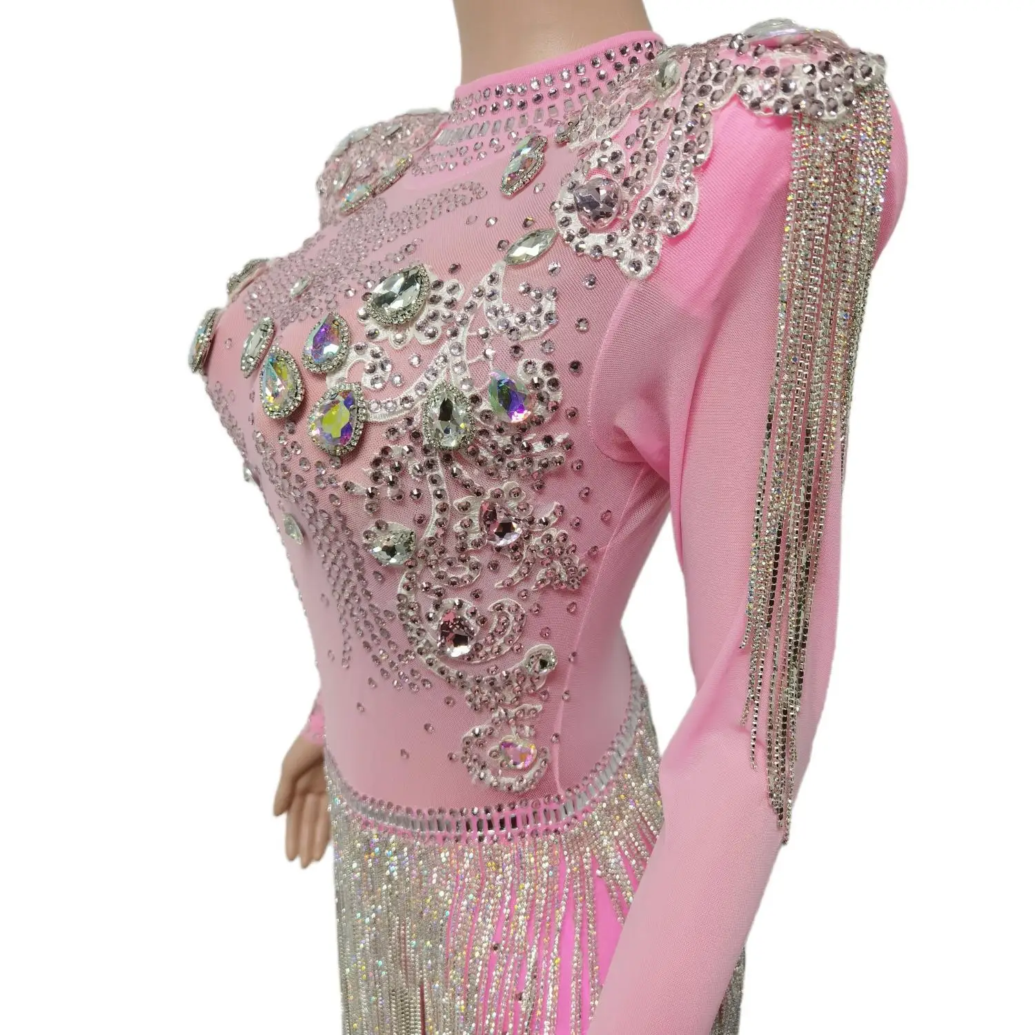 

Women Couture Sparkly Rhinestone Tassel Bodysuit Nightclub Latin Dance Team Costume Stage Performance Catsuit Party Sexy Outfit