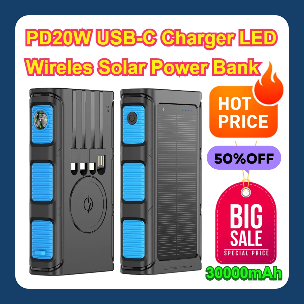 

PD20W USB-C Charger LED Wireles Solar 30000mAh Power Bank