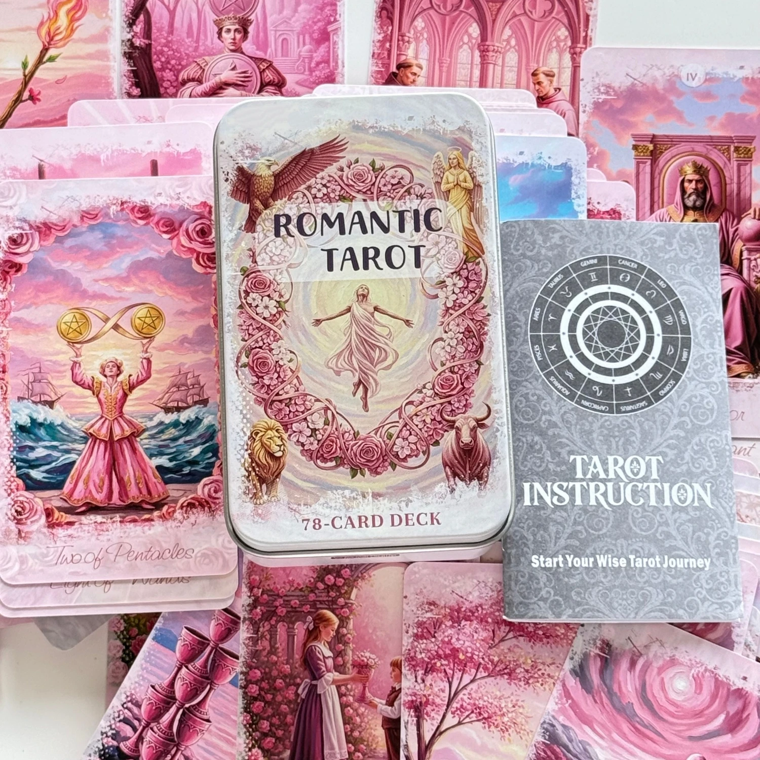 Romantic Tarot Cards in Metal Box With Paper Guidebook 12*7cm Rose Series Divine Guidance Board Games