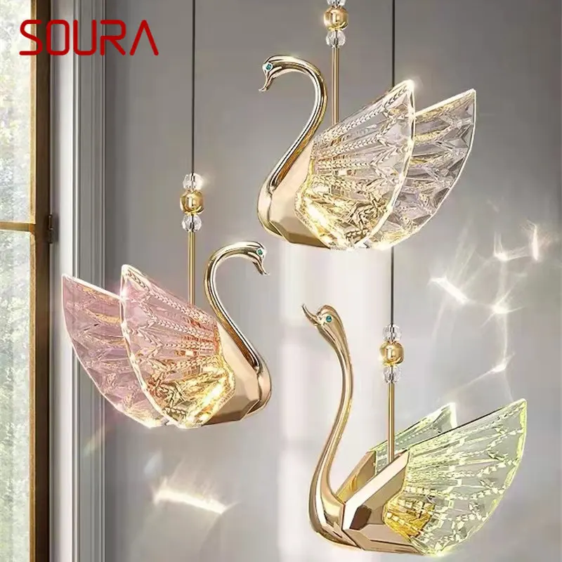 SOURA Nordic Pendant Lamp Creative Gold LED Linear Swan Chandelier Light for Decor Home Dining Room Bedroom Fixtures