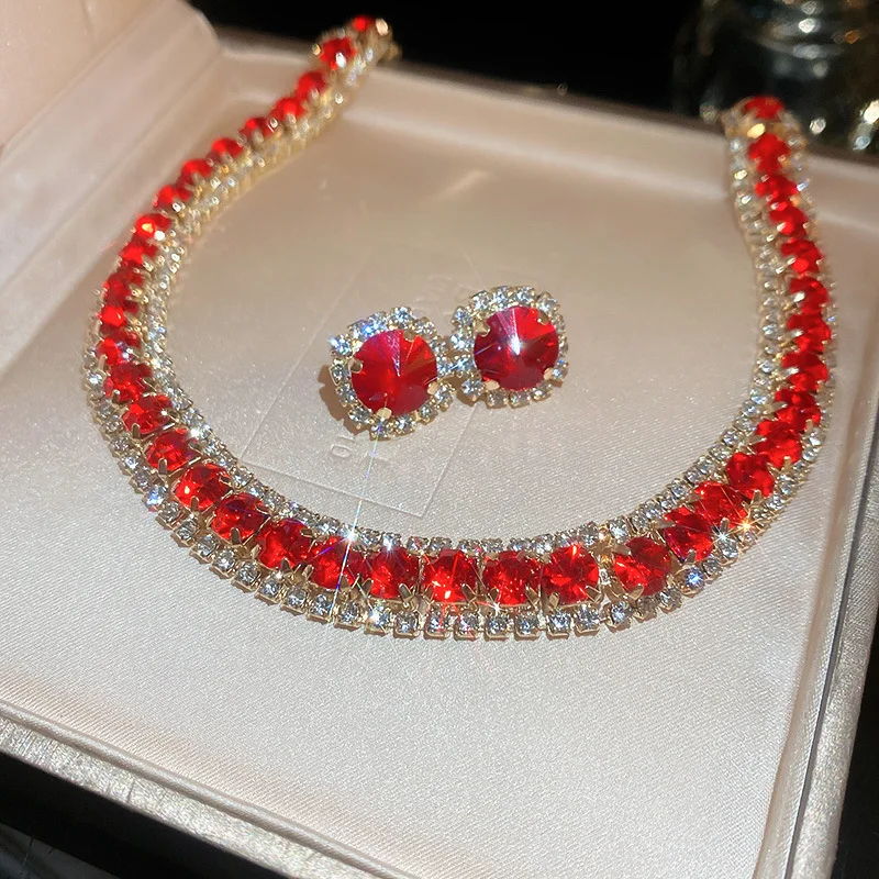 FYUAN Luxury Crystal Necklace Earrings Red Necklace for Women Weddings Party Jewelry Sets Accessories