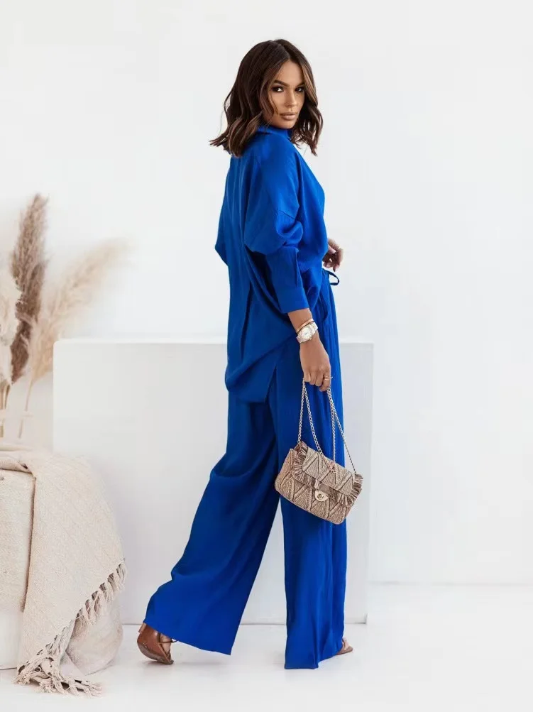 2023 Spring Autumn Trouser Suit Set for Women Office Wear Chic Shirts Two Piece Suit Women Elegant Wide Pants Outfits Tracksuit