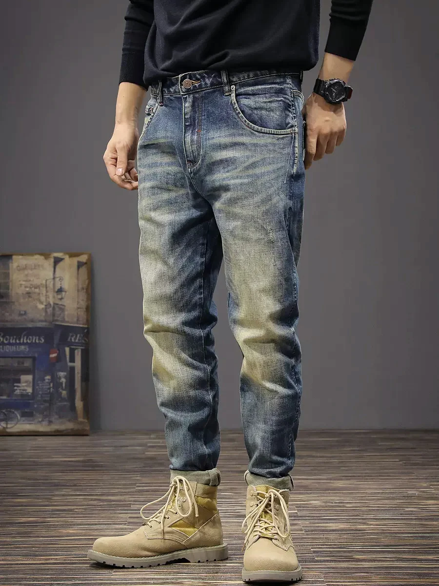 Projektant mody Męskie dżinsy Wysokiej jakości retro sprane niebieskie rozciągliwe Slim Fit Ripped Jeans Mężczyźni Włoski styl Vintage Denim Pants