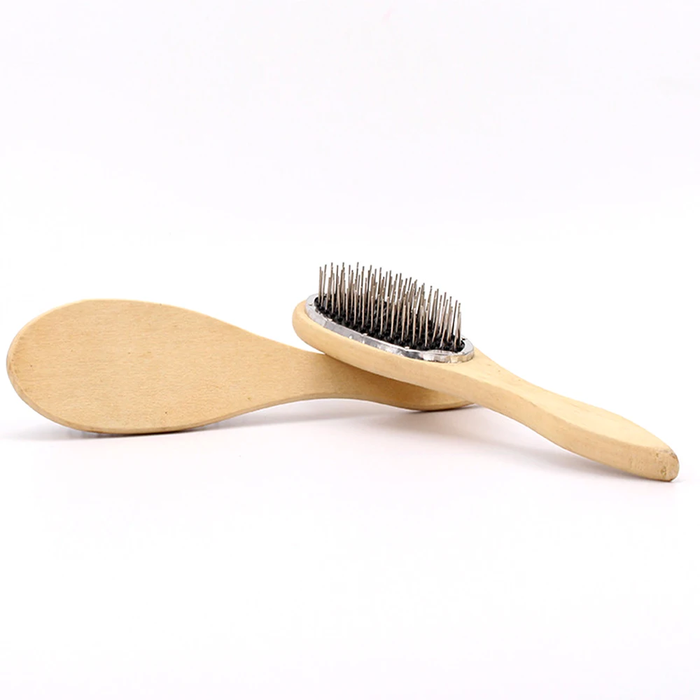 Natural Solid Wood Handle Gradient Stainless Steel Pin Wig Detangling Brush Elastic Rubber Cushion For Synthetic Human Hair Wigs
