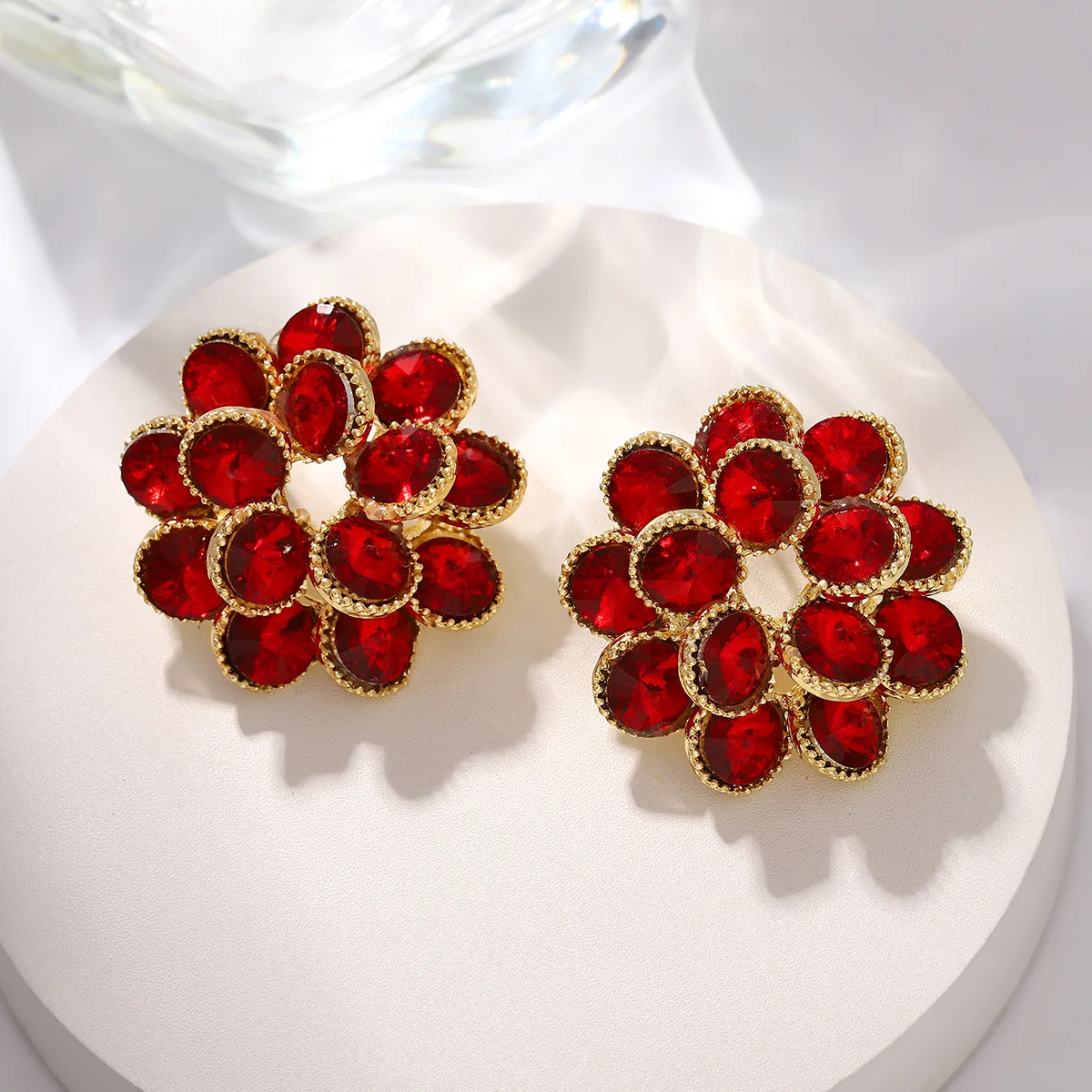 French sunflower earrings double-layer crystal color three-dimensional flower earrings temperament heavy industry earrings