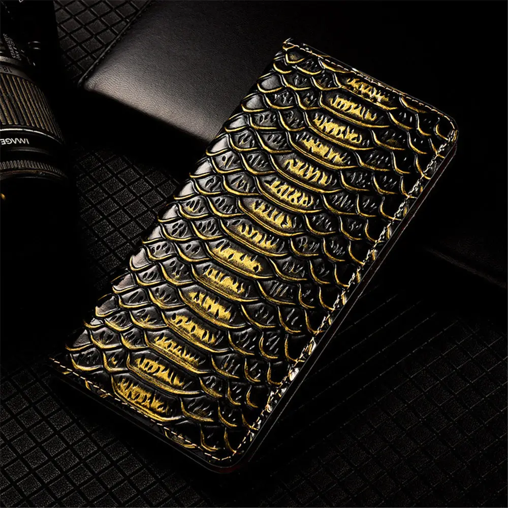 Colorful Python Pattern Genuine Cowhide Leather Flip Case For Honor Magic3 4 5 6 Pro Card Pocket Business Cover